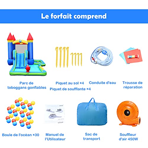 COSTWAY-7-en-1-Chateau-Gonflable-avec-Souffleur-450W-Toboggan-Aire-de-Jeux-Gonflable-avec-Canon-a-Eau-Mur-dEscalade-Piscine-a-Balles-30-Boules-Charge-90kg-pour-2-Enfants-de-3-8-Ans-0-2