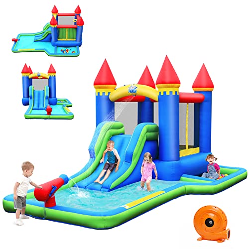 COSTWAY-7-en-1-Chateau-Gonflable-avec-Souffleur-450W-Toboggan-Aire-de-Jeux-Gonflable-avec-Canon-a-Eau-Mur-dEscalade-Piscine-a-Balles-30-Boules-Charge-90kg-pour-2-Enfants-de-3-8-Ans-0