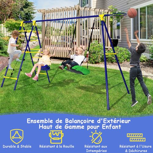 DREAMADE-6-en-1-Ensemble-de-Balancoire-Enfant-Exterieur-336x140x176CMPortique-Balancoire-en-Metal-avec-2-Balancoire-ReglableEscaladeFace-a-Face-0-0