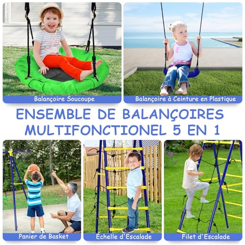 DREAMADE-6-en-1-Ensemble-de-Balancoire-Enfant-Exterieur-336x140x176CMPortique-Balancoire-en-Metal-avec-2-Balancoire-ReglableEscaladeFace-a-Face-0-1