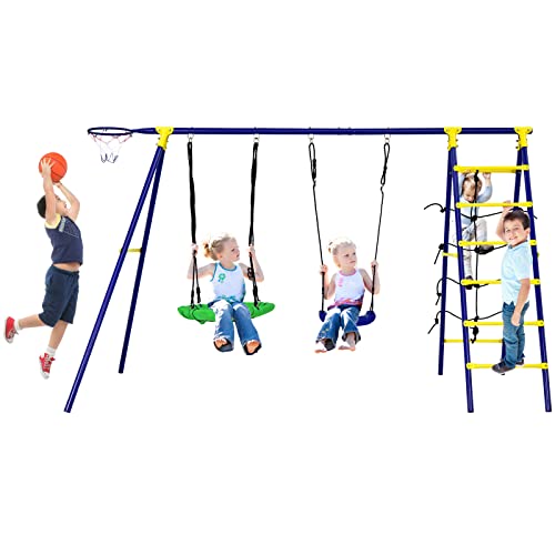 DREAMADE-6-en-1-Ensemble-de-Balancoire-Enfant-Exterieur-336x140x176CMPortique-Balancoire-en-Metal-avec-2-Balancoire-ReglableEscaladeFace-a-Face-0