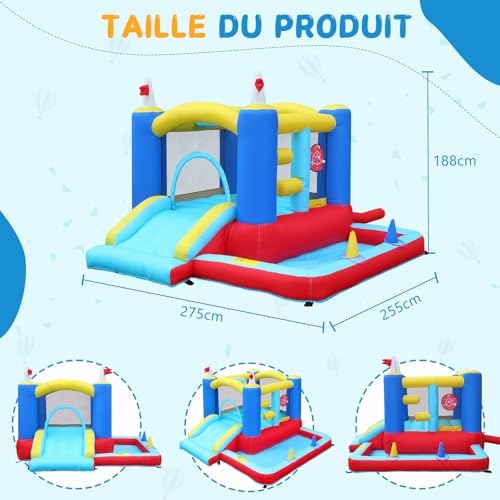 LEADZM-Chateau-Gonflable-Colore-avec-Souffleur-Aire-de-Jeux-Gonflable-avec-Piscine-Toboggan-Trampoline-Cible-Panier-ExterieureInterieure-pour-3-Enfants-de-3-a-10-Ans-275x255x188cm-0-0