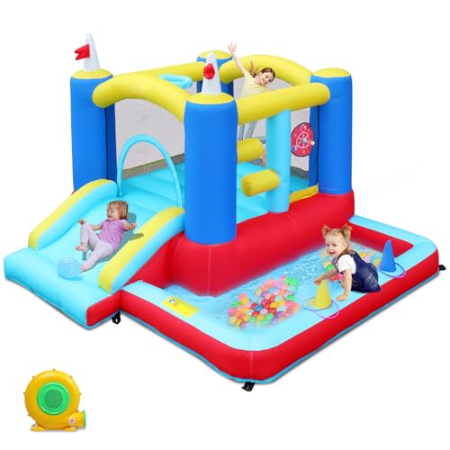LEADZM-Chateau-Gonflable-Colore-avec-Souffleur-Aire-de-Jeux-Gonflable-avec-Piscine-Toboggan-Trampoline-Cible-Panier-ExterieureInterieure-pour-3-Enfants-de-3-a-10-Ans-275x255x188cm-0