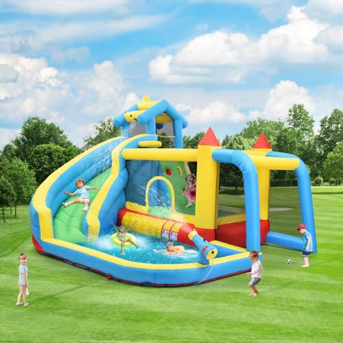 Seyakany-Chateau-gonflable-pour-enfants-parc-aquatique-exterieur-multifonctionnel-trampoline-toboggan-aquatique-petit-toboggan-fontaine-pistolets-a-eau-auvent-de-magasincompris-souffleur-450W-0