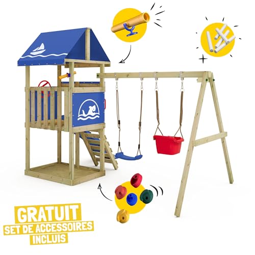 Wickey-Aire-de-Jeux-DinkyHouse-avec-Extension-de-balancoire-Toboggan-bache-Tour-a-Grimper-pour-Enfants-pour-Le-Jardin-en-Bois-Massif-303x317x247-cm-0-0