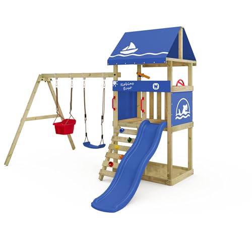 Wickey-Aire-de-Jeux-DinkyHouse-avec-Extension-de-balancoire-Toboggan-bache-Tour-a-Grimper-pour-Enfants-pour-Le-Jardin-en-Bois-Massif-303x317x247-cm-0
