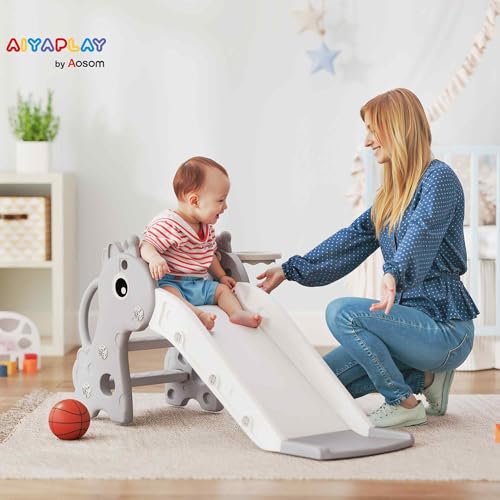 AIYAPLAY-Toboggan-pour-Enfants-3-en-1-en-Forme-de-Girafe-avec-Panier-de-Basket-Escalade-et-Ballon-Toboggan-interieur-pour-Enfants-de-1-a-3-Ans-106-x-515-x-52-cm-Gris-0-0