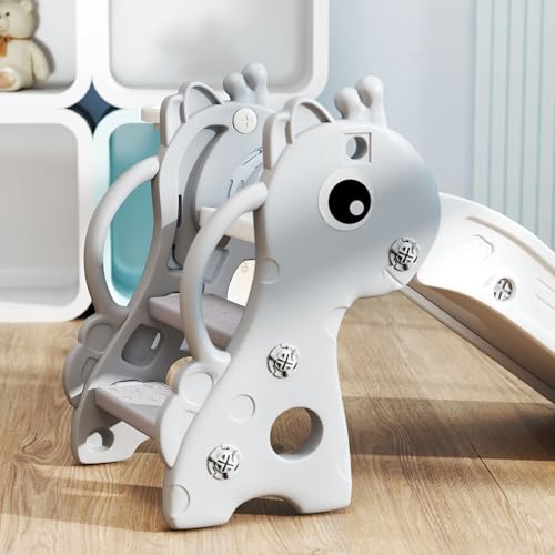 AIYAPLAY-Toboggan-pour-Enfants-3-en-1-en-Forme-de-Girafe-avec-Panier-de-Basket-Escalade-et-Ballon-Toboggan-interieur-pour-Enfants-de-1-a-3-Ans-106-x-515-x-52-cm-Gris-0-2