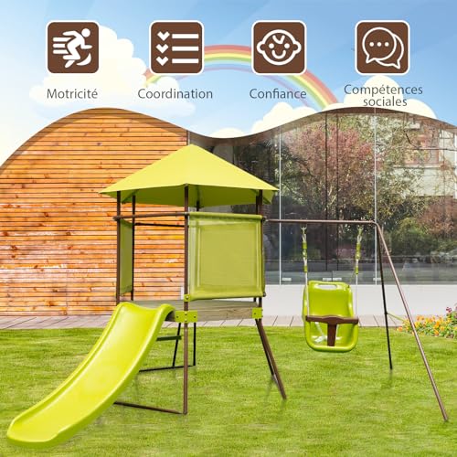 GOPLUS-Aire-de-Jeux-en-Bois-avec-Toboggan-et-Balancoire-4-en-1-pour-Enfants-de-3-7-Ans-Cabane-Enfant-CouverteBalancoire-Reglable-en-Hauteur-Echelles-descalade-0-2