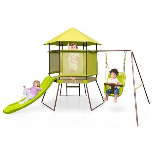 GOPLUS-Aire-de-Jeux-en-Bois-avec-Toboggan-et-Balancoire-4-en-1-pour-Enfants-de-3-7-Ans-Cabane-Enfant-CouverteBalancoire-Reglable-en-Hauteur-Echelles-descalade-0