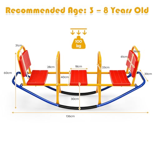 HOMASIS-Bascule-3-Places-pour-Enfants-Outdoor-Bascule-a-Bascule-avec-poignees-dossiers-Bascule-de-Jardin-en-metal-Charge-90-kg-Teeter-Totters-pour-linterieur-lexterieur-0-1