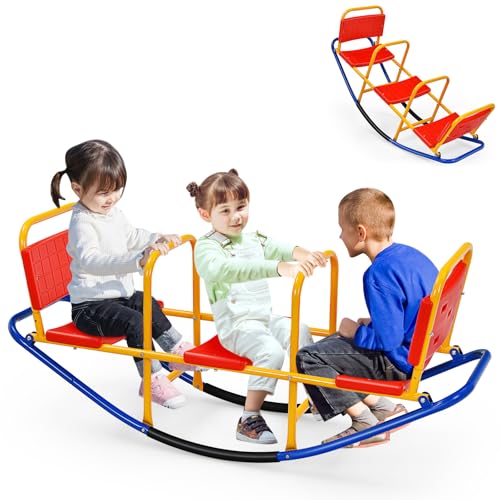HOMASIS-Bascule-3-Places-pour-Enfants-Outdoor-Bascule-a-Bascule-avec-poignees-dossiers-Bascule-de-Jardin-en-metal-Charge-90-kg-Teeter-Totters-pour-linterieur-lexterieur-0