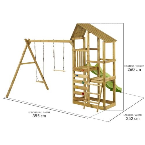 Kangui-Tour-de-jeux-en-bois-avec-double-plateformes-WOUPI-Balancoire-trapeze-mur-descalade-et-cabane-0-2