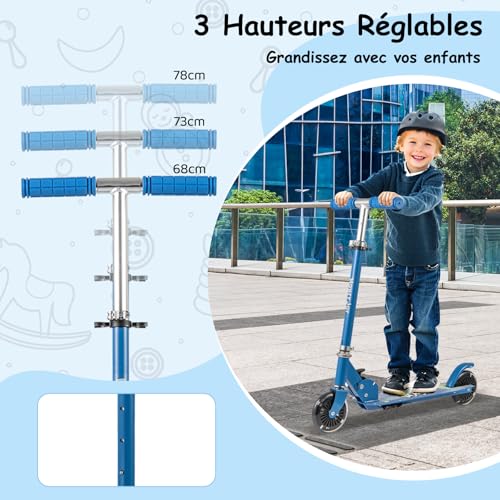 COSTWAY-Trottinette-Enfant-Pliable-avec-Roulement-ABEC-5-3-Hauteurs-Reglables-Trottinette-Pro-Enfants-avec-2-Roues-Clignotantes-de-110mm-Bequille-Pont-Elargi-Charge-50kg-pour-3-8-Ans-0-0