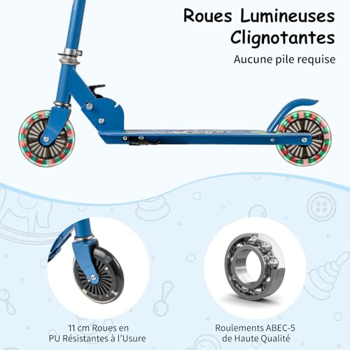 COSTWAY-Trottinette-Enfant-Pliable-avec-Roulement-ABEC-5-3-Hauteurs-Reglables-Trottinette-Pro-Enfants-avec-2-Roues-Clignotantes-de-110mm-Bequille-Pont-Elargi-Charge-50kg-pour-3-8-Ans-0-2