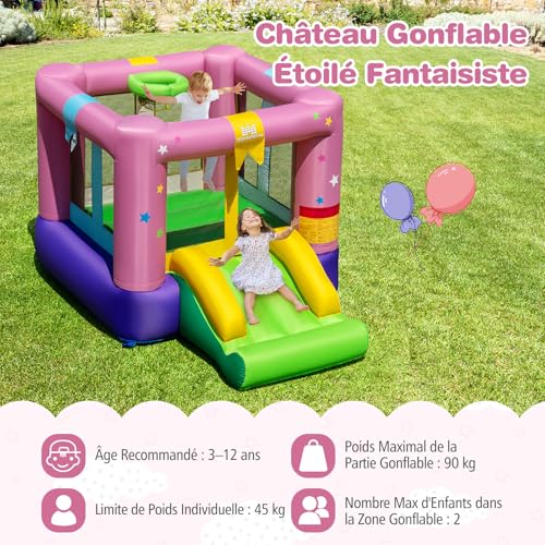 COSTWAY-Chateau-Gonflable-Enfant-avec-Toboggan-et-Maison-de-Saut-Aire-de-Jeux-Gonflable-avec-Panier-et-Sac-de-Transport-Interieur-Exterieur-Charge-90kg-pour-2-Enfants-de-3-12-Ans-0-2