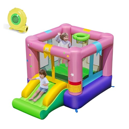 COSTWAY-Chateau-Gonflable-Enfant-avec-Toboggan-et-Maison-de-Saut-Aire-de-Jeux-Gonflable-avec-Panier-et-Sac-de-Transport-Interieur-Exterieur-Charge-90kg-pour-2-Enfants-de-3-12-Ans-0