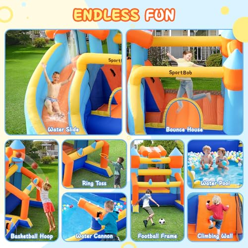 SportBob-Chateau-Gonflable-Exterieur-Structure-Gonflable-avec-Toboggan-Aquatique-pour-Exterieur-et-Interieur-Chateau-Gonflable-avec-Cadre-de-Football-Lanceur-deau-et-Panier-de-Basket-Ball-0-2