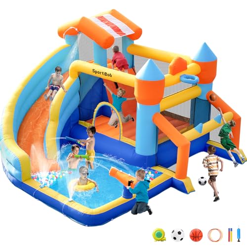 SportBob-Chateau-Gonflable-Exterieur-Structure-Gonflable-avec-Toboggan-Aquatique-pour-Exterieur-et-Interieur-Chateau-Gonflable-avec-Cadre-de-Football-Lanceur-deau-et-Panier-de-Basket-Ball-0