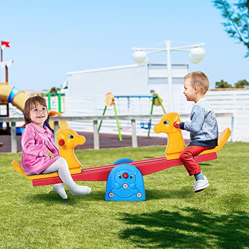 HOMCOM-Balancoire-a-Bascule-pour-Enfants-avec-Dossier-en-Forme-de-Girafe-Guidon-texture-Charge-20kg-par-siege-Interieur-et-exterieur-150x32x60-cm-Multicolore-0-0