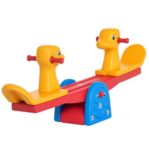 HOMCOM-Balancoire-a-Bascule-pour-Enfants-avec-Dossier-en-Forme-de-Girafe-Guidon-texture-Charge-20kg-par-siege-Interieur-et-exterieur-150x32x60-cm-Multicolore-0