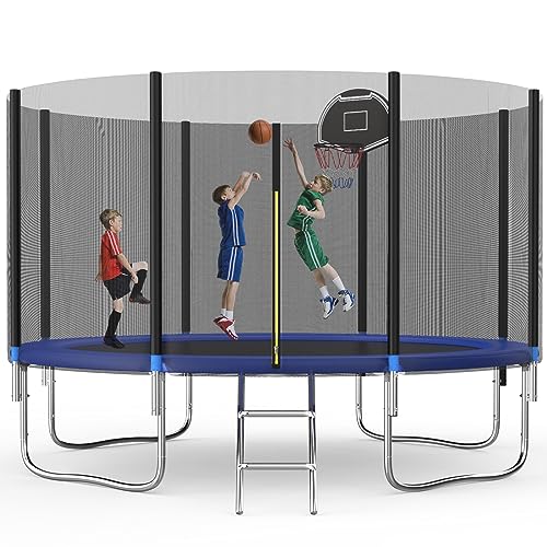 Redkid-Trampoline-dexterieur-O-305366-cm-trampoline-de-jardin-pour-enfant-avec-filet-de-securite-echelle-planche-de-panier-de-basket-charge-maximale-440-livres-bleu-0