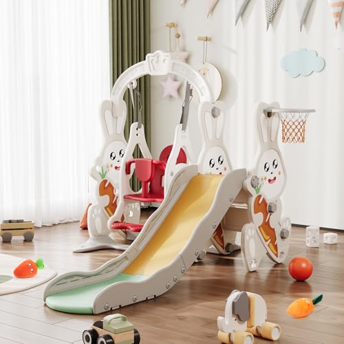 Toboggan-pour-Enfants-4-en-1Interieur-et-Exterieur-Toboggan-avec-Balancoire-Panier-de-Basket-et-Echelle-descaladeDesign-Lapin-pour-Enfants-de-1-a-6-Ans-0